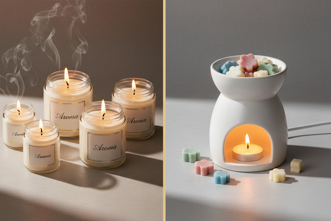 Pictures of candles and a wax burner with wax melts